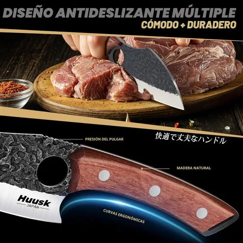 Miniatura 4 de Huusk Juego de 3 cuchillos de carnicero japoneses para cortar carne, juegos de cuchillos vikingos forjados a mano con cuchillo de carne