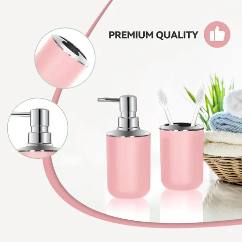 Miniatura 5 de Juego de 2 accesorios de baño rosa, accesorios de baño rosas, dispensador de jabón de plástico y soporte para cepillo de dientes, decoración de baño