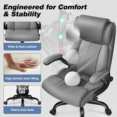 Miniatura 5 de BESTFAIR Silla ergonómica de oficina, silla de escritorio para computadora, sillas ejecutivas de cuero con respaldo alto con soporte lumbar Gris