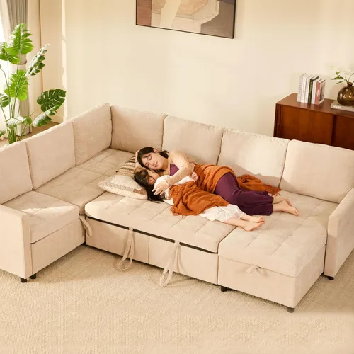 Miniatura 6 de Sofá cama modular de 107 pulgadas, juego de piezas modulares con cama extraíble, sofá modular en forma de U con almacenamiento, sofás de asiento