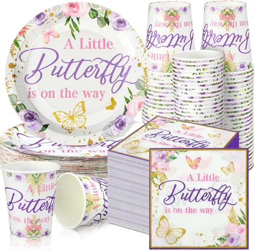 Miniatura 22 de Hushee 200 piezas de platos de papel, servilletas y vasos florales para baby shower, juego de vajilla para fiesta de baby shower, vasos y Rosa