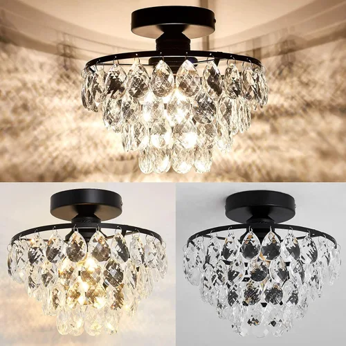 Miniatura 3 de YYJLX Lámpara de techo moderna de cristal pequeña, mini accesorio de luz de araña de montaje semiempotrado negro para pasillo, dormitorio, baño