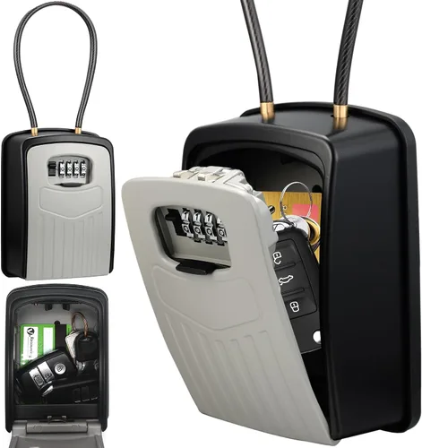 Miniatura 12 de Caja de cerradura de llave con combinación de 4 dígitos, caja fuerte portátil con cable extraíble, caja de almacenamiento de llaves impermeable