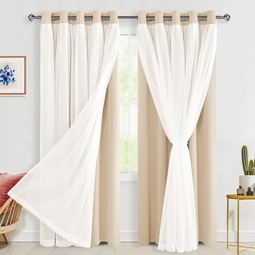 Miniatura 63 de Hiasan Cortinas opacas con superposición transparente, aislamiento térmico para mezclar y combinar de doble capa, cortinas de oscurecimiento de Beige