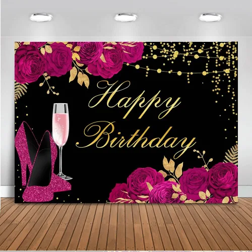 Mocsicka Telón de fondo rosa negro con purpurina para mujer, de tacón alto, para decoración de cumpleaños de niñas, decoración de fiesta de feliz