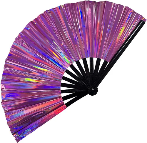 Miniatura 7 de Ventilador de mano plegable grande para hombres y mujeres, ventilador holográfico para mujeres, fiesta de baile, festivales, Halloween, EDM