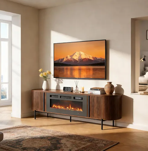 Miniatura 4 de Soporte de TV de lujo de 70 pulgadas con chimenea, moderno soporte de TV de mediados de siglo, centro de entretenimiento para televisores de hasta
