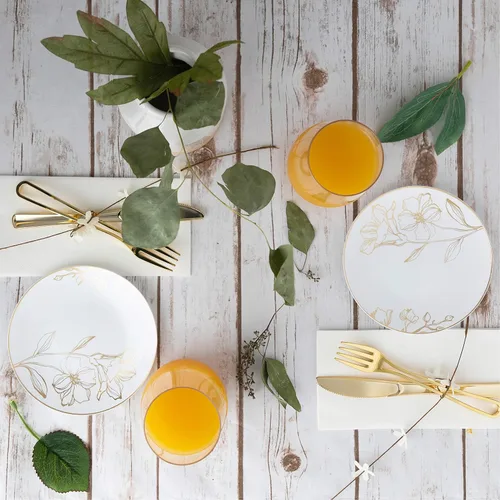 Miniatura 2 de PLASTICPRO Platos de plástico blanco con diseño floral con borde dorado, platos desechables elegantes y pesados de primera calidad