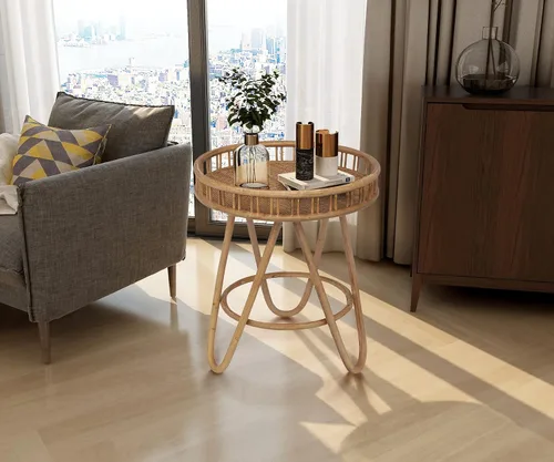 Miniatura 10 de FINECASA Mesa de centro redonda de ratán bohemio, tejida a mano, estilo moderno, mesa de centro redonda de mimbre para sala de estar, 32 x 18 Marrón