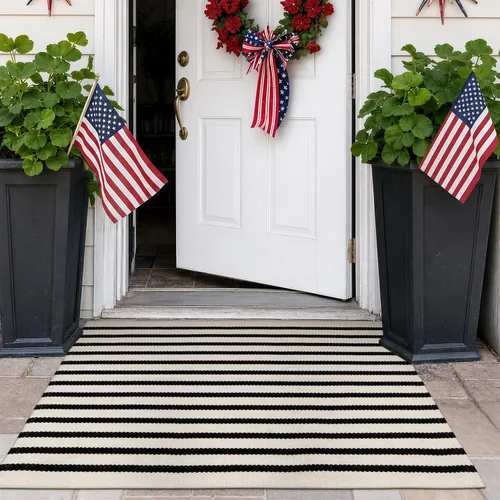 Miniatura 5 de KIMODE - Alfombra de algodón tejida con diseño a rayas en color negro, para puerta de entrada, cocina, decoración de estilo rústico