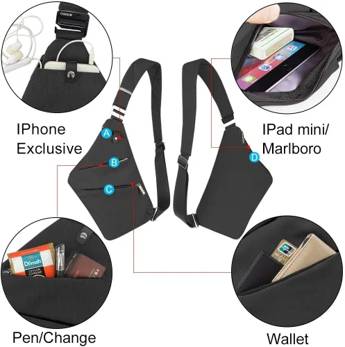 Miniatura 4 de OSOCE Bolso bandolera ligero, antirrobo para mujeres y hombres, bolsa cruzada de hombro casual, bolsa deportiva, para viajes, senderismo, color Negro