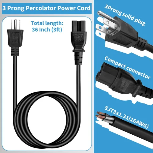 Miniatura 4 de HASMX Cable de alimentación percolador de 3 clavijas de 36 pulgadas para percolador Hamilton Beach modelo 40616, pieza de repuesto para cafetera