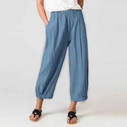 Miniatura 2 de Pantalones de lino de verano para mujer, cintura alta, con cordón, estampados, pantalones capri bohemios