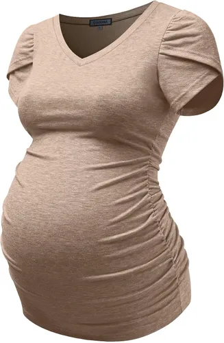 GINKANA Camiseta de maternidad con manga corta de pétalo, cuello en V, con laterales fruncidos, informal, básica, túnica para embarazo