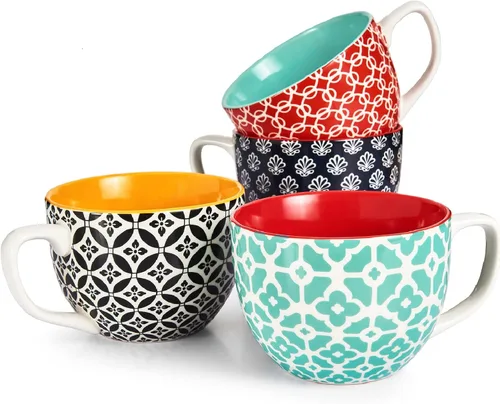 DOWAN Mosaian - Juego de 4 tazas de café grandes de 24 onzas, tazas de sopa con asas, tazas de cerámica para sopa/café/cereal/latte, regalos de