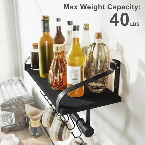 Miniatura 6 de Love-KANKEI Estantería flotante de pared de madera rústica para almacenamiento, estante de especias de cocina con barra para toallas y 8 ganchos