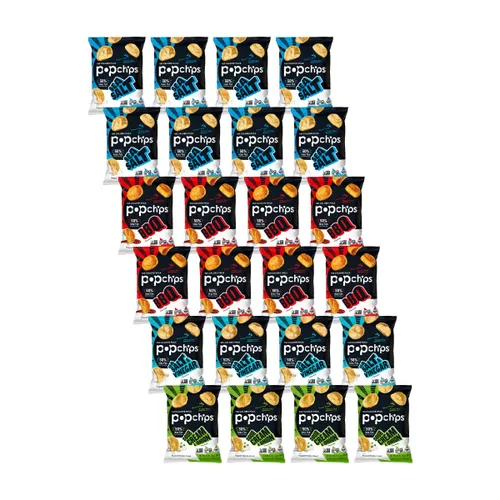 Popchips Paquete variado de papas fritas, porciones individuales de 0.8 onzas (paquete de 24), 4 sabores: 8 sal marina, 8 barbacoa, 4 crema agria y