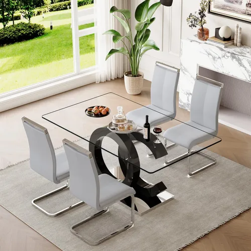 Miniatura 31 de gopop Mesa de comedor de cristal de 63 pulgadas, mesa de cocina moderna, mesa de comedor de vidrio transparente con patas de diseño único negro