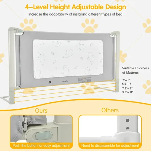Miniatura 3 de BABY JOY Rieles de cama para niños pequeños, 70 pulgadas extra largas, protección de riel para niños de altura ajustable con doble bloqueo de Gris