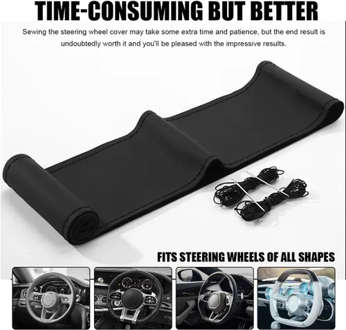Miniatura 5 de Funda de Volante de Cuero Genuino, Envoltura con Costura para Volante de hasta Diámetro 15 Pulgadas, Protector de Volante de Costura DIY, Accesorios