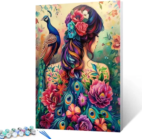 Pintura por números para adultos principiantes, flores, pavo real y niña, pintura por números sobre lienzo, fácil de pintar para principiantes con
