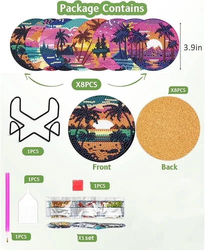 Miniatura 6 de Clendo 8 Piezas de Kits de Posavasos de Pintura de Diamante, Kits de Arte de Diamante de Paisaje DIY con Soporte, Pequeños Kits de Pintura