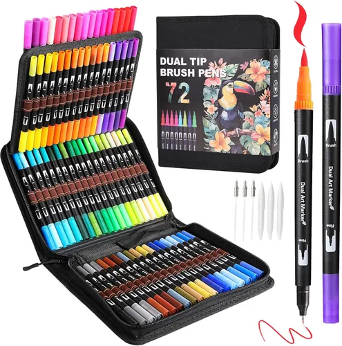 Miniatura 11 de TOSHARE Marcadores de acuarela de 36 colores y punta fina de doble punta para libros de colorear para adultos, bolígrafos de pintura sin sangrado