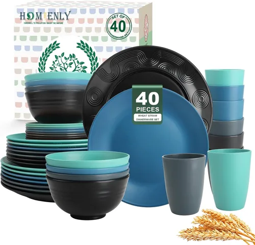 Miniatura 32 de Homienly Juegos de Vajilla Premium de Paja de Trigo, Platos y Tazones Ligeros e Irrompibles, Tazas, Servicio para 4, Apto para Lavavajillas