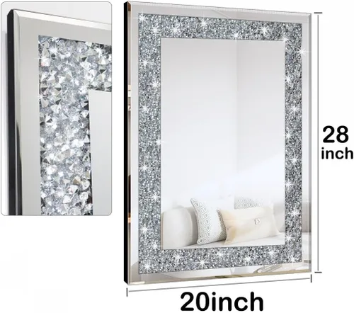 Miniatura 4 de QMDECOR Espejo rectangular plateado con diamantes para decoración de pared, 20 x 28 pulgadas, para colgar en la pared, sin marco, para decoración