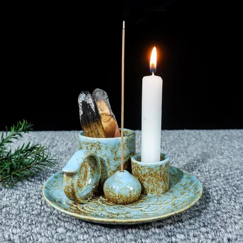 MOUGIGI Quemador/Soporte de Palo Santo de Cerámica 5 en 1 Azul - Pequeño Portavelas y Bandeja/Cuenco para Quemar Sahumerios, Compatible con Plato