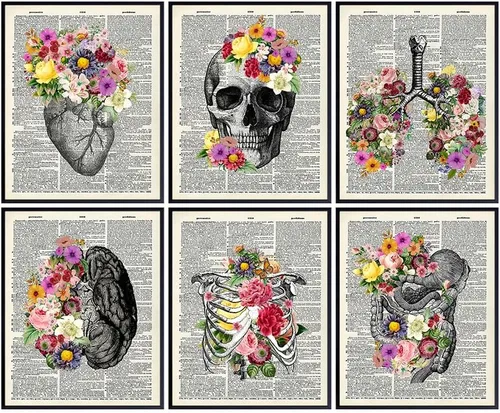 Juego de arte de diccionario médico – Carteles anatómicos vintage de 8 x 10 pulgadas – Decoración de pared floral para la oficina de médicos,