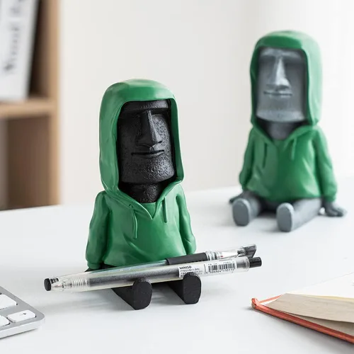 Miniatura 3 de Decoración de estatua Moai de Isla de Pascua con soporte para teléfono inteligente, escultura de figura retro para oficina en casa con soporte