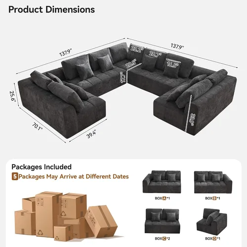 Miniatura 2 de Sofás modulares deshuesados de 140 pulgadas para sala de estar, sofá modular modular de nube comprimida, sofá moderno en forma de U de 9 plazas Gris