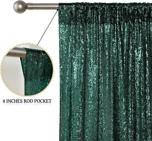Miniatura 4 de Sugargirl - Cortina de fondo de lentejuelas verde oscuro de 4 paneles de 2 x 8 pies, cortinas de fondo de purpurina verde oscuro, brillantes