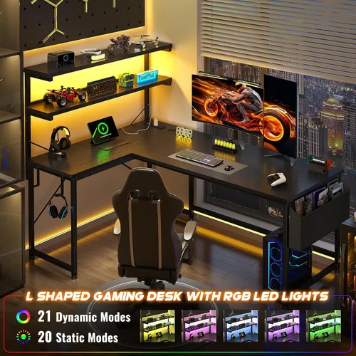 Miniatura 5 de DurayLoly Escritorio en forma de L para juegos con luz LED y toma de corriente, escritorio reversible en forma de L para computadora de 43.3