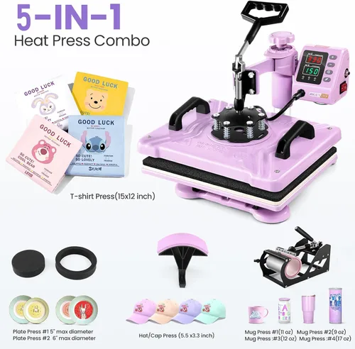 Miniatura 4 de AKEYDIY Máquina de prensa de calor 5 en 1 para camisetas profesional Swing Away prensa de calor, combo digital de 12 x 15 pulgadas, rotación de 360