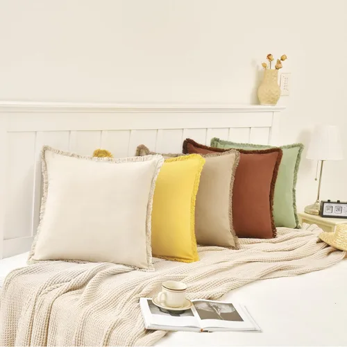 Miniatura 5 de ZWJD Juego de 2 fundas de almohada de 16 x 16 pulgadas, color beige, con flecos, de algodón, decorativas, cuadradas, para sofá, cama, sala de estar