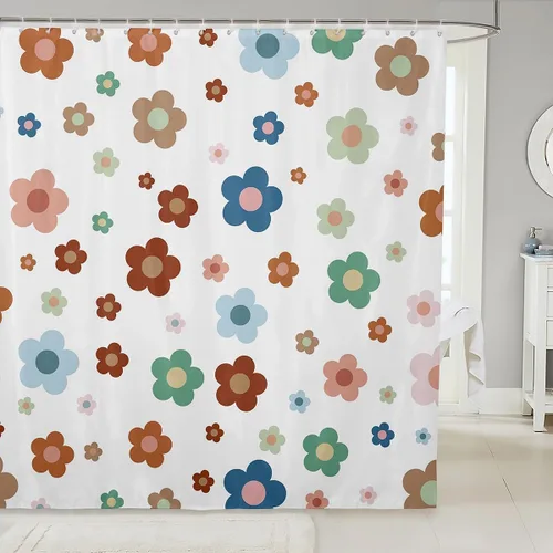 Miniatura 45 de Cortina de baño de flores de margarita para niños y niñas, cortina de ducha floral para decoración de baño, 72 x 72 pulgadas, retro, floral