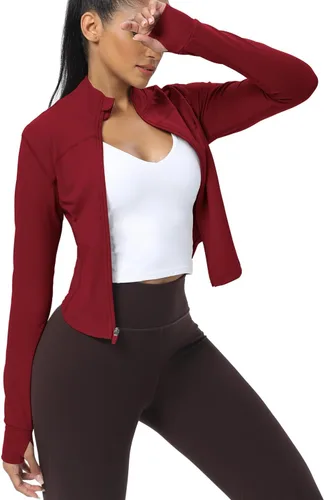 Miniatura 14 de AVGO Chaquetas de entrenamiento recortadas para mujer, con cremallera, ajustadas, atléticas, con agujeros para el pulgar