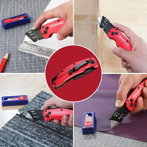Miniatura 9 de WORKPRO Cuchillo Utilitario Plegable, Metal Resistente, Cortador de Caja de Bloqueo de Eje de Apertura Rápida, Cuchillo de Hoja de Cambio Rápido, 1