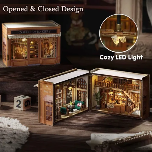 Miniatura 3 de TuKIIE Kit de casa de muñecas en miniatura con muebles, a escala 1:32 abierta y cerrada, mini cubo de madera para muñecas, rincón de libros