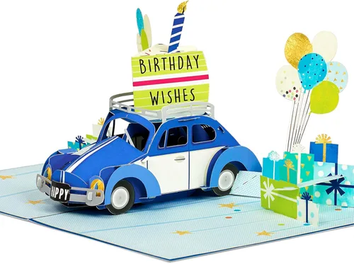 Miniatura 3 de POPWOW Tarjeta desplegable de cumpleaños, auto azul, escarabajo, Volkswagen, regalos, globos, tarjeta de felicitación 3D, regalo ideal para hijo