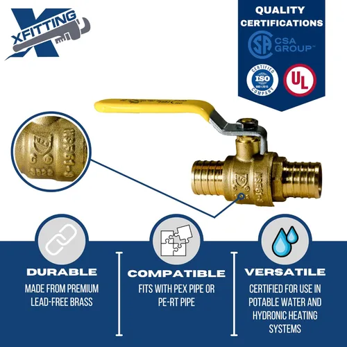Miniatura 4 de XFITTING Válvula de bola Pex de 3/4 pulgadas, de puerto completo, de latón, 1 pieza
