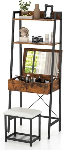 Miniatura 8 de COSTWAY Juego de escritorio con espejo abatible, mesa de tocador con escalera y taburete acolchado con 4 compartimentos de almacenamiento, pequeño