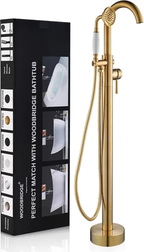 Miniatura 16 de WOODBRIDGE Grifo de llenado de bañera independiente contemporáneo de una sola manija con ducha de mano en acabado dorado cepillado, F0007-BGVT