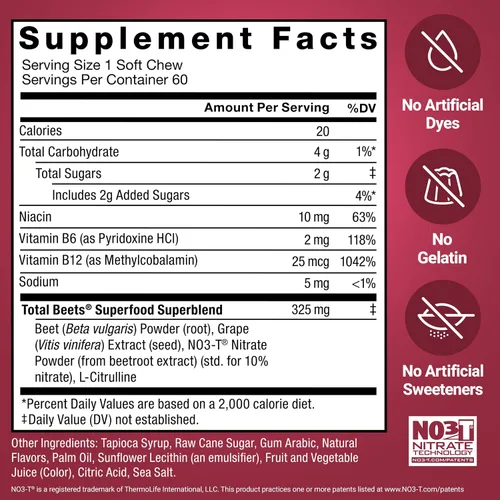 Miniatura 6 de Force Factor Total Beets - Masticables suaves con remolacha, nitratos, L-citrulina, extracto de semilla de uva y antioxidantes, suplemento