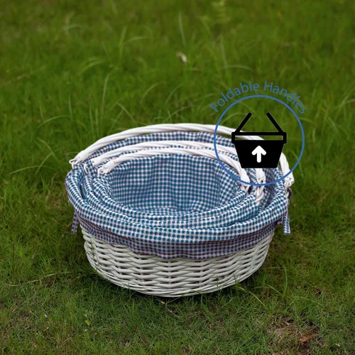Miniatura 7 de WICKERWISE Cesta de regalo tradicional de sauce redondo blanco con forro a cuadros y asas resistentes, cesta de almacenamiento de aperitivos