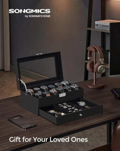 Miniatura 80 de SONGMICS UJWB012 - Caja de reloj de 12 ranuras, caja de reloj con cerradura con tapa de vidrio, 2 capas, con 1 cajón para anillos, pulseras, idea