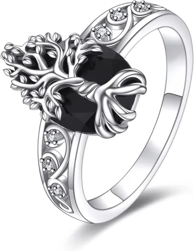 YFN Anillo de turmalina negra de plata de ley, anillos de cristal negro, joyería curativa, protección espiritual, regalos para mujeres y niñas