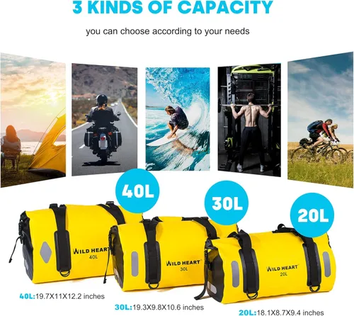 Miniatura 6 de WILD HEART Bolsa de lona impermeable 20L 30L 40L con costuras soldadas correas de hombro, bolsillo de malla para kayak, camping, barco, bicicleta